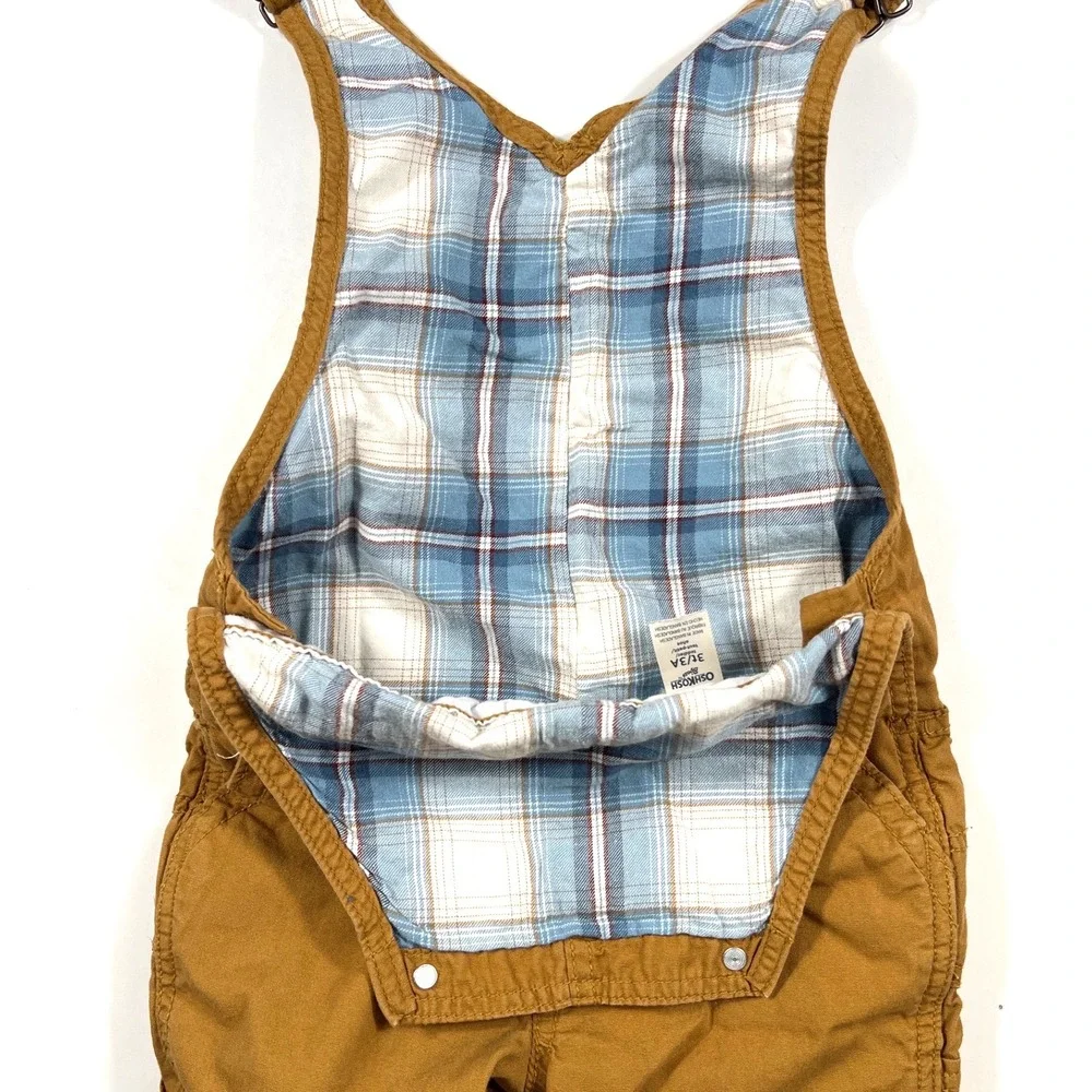 OshKosh Bgosh 3T Toddler Boy Brown Canvas Flannel Lined Overalls School Play EUC